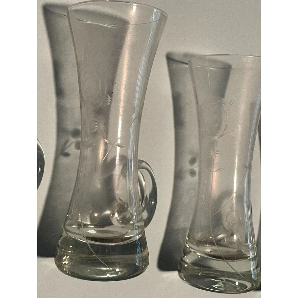 Set of 4 Vtg Mundgeblasen Kristallglas Etched Cordial Shot Glasses w/ Handles 4.